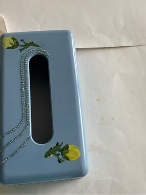 Hand Crafted Light Blue Decorative Tissue Box Cover with Yellow Floral Accents